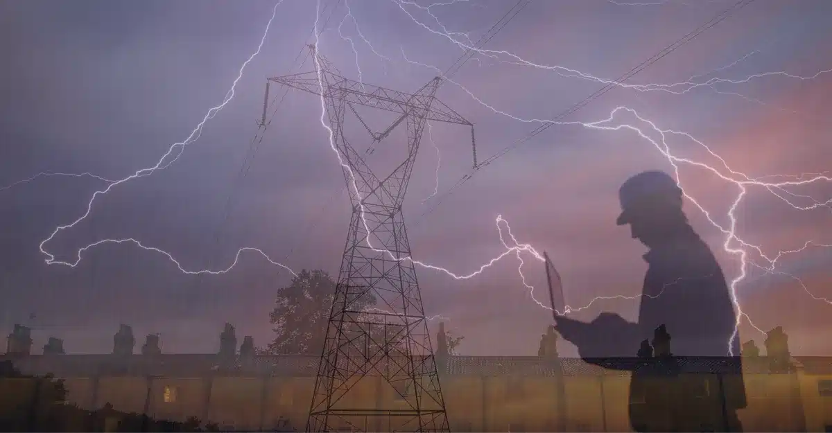 รูปวิศวกรไฟฟ้ากำลังยืนอยู่แล้วมีสายฟ้าผ่าลงมา