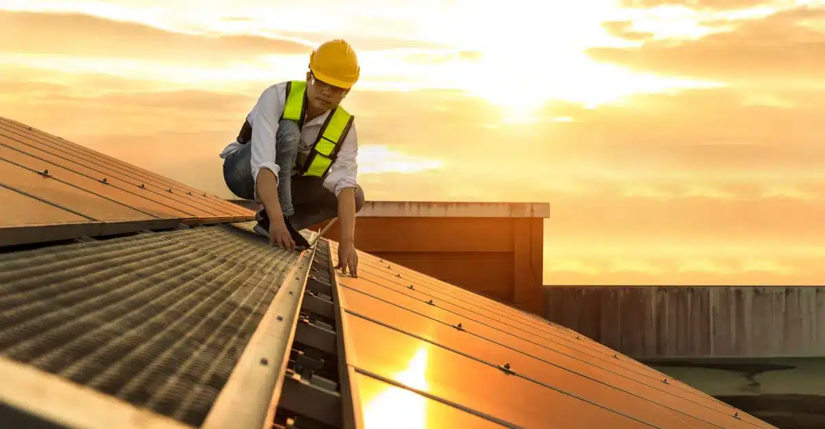 วิศวะกำลังติดตั้งโซลาร์เซลล์ที่บ้านตอนเย็น