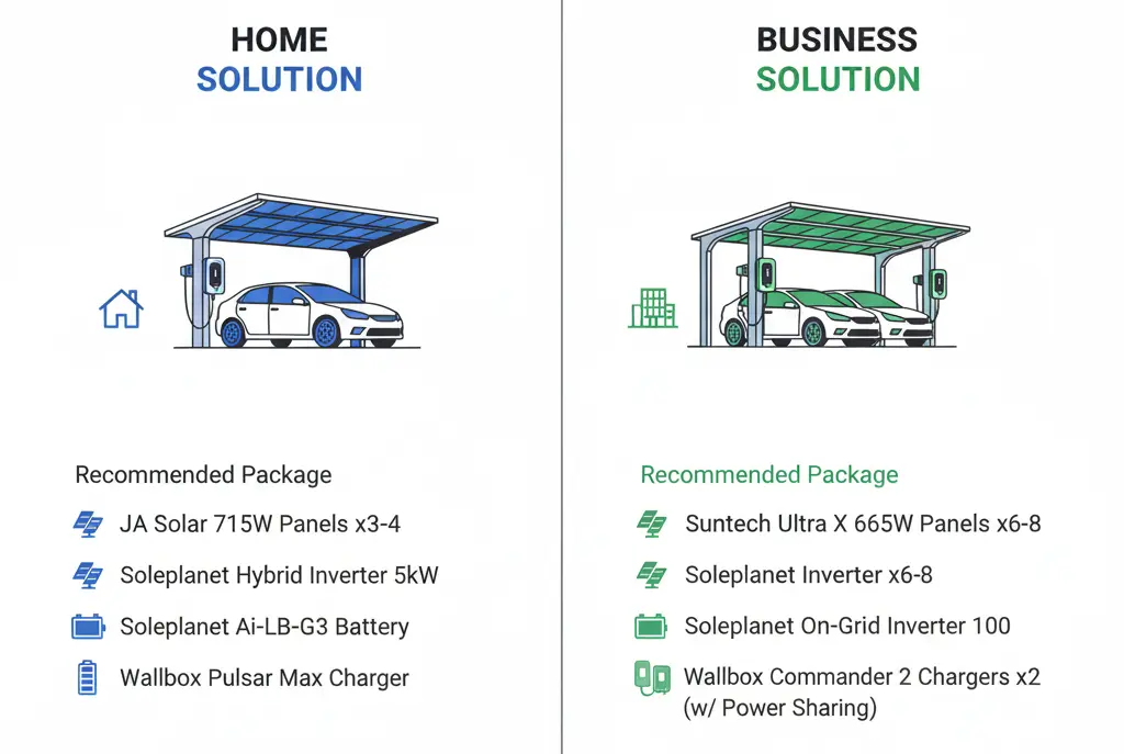 ตัวอย่างแพ็กเกจ solar carport และ ev charger สำหรับบ้านและธุรกิจ